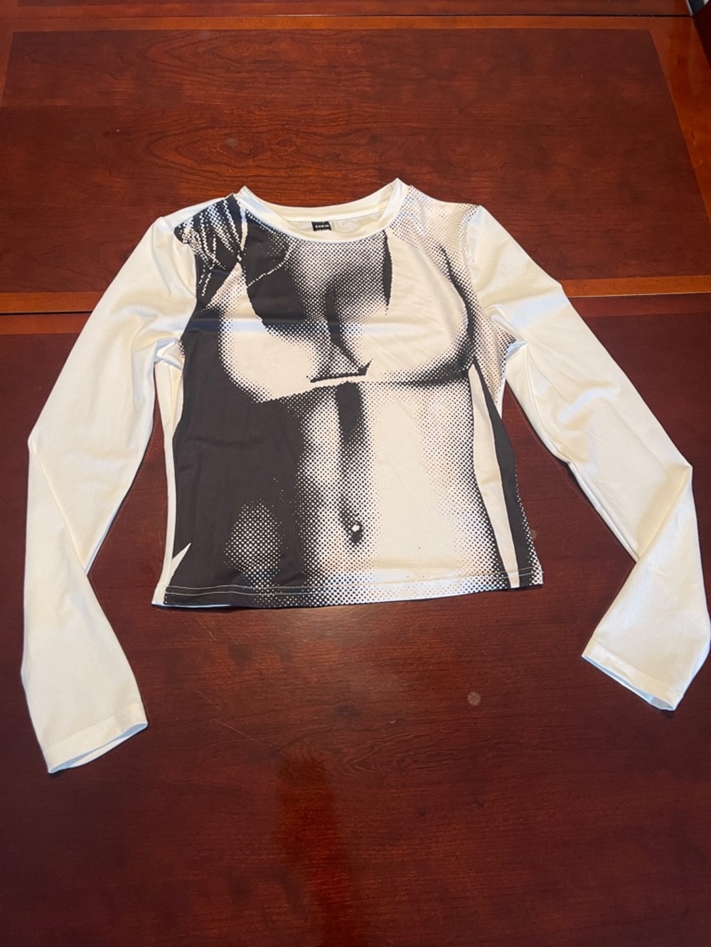 SHEIN Women’s Bikini Image Long-Sleeve Crewneck Top - White/Black Size L
